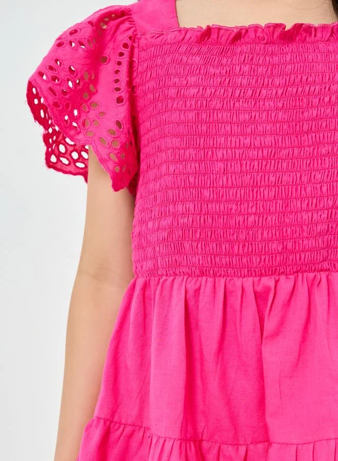 Styli Girls Pink Smocked Detail Schiffli Hem Dress